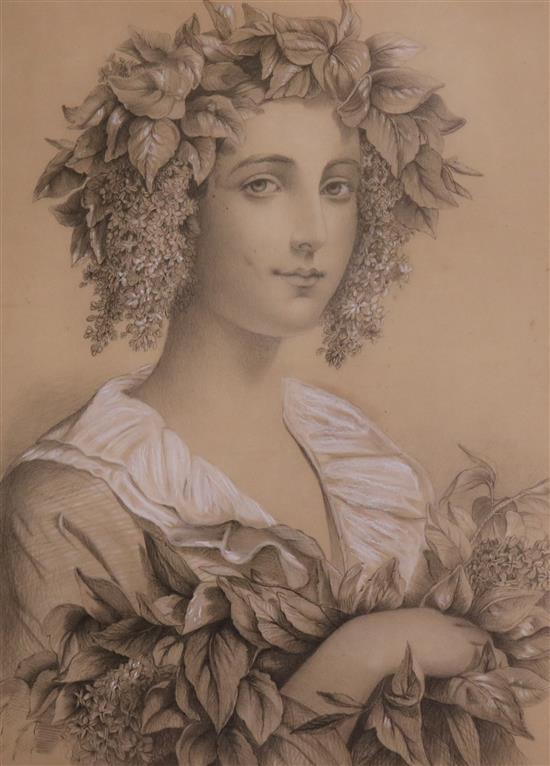 English School c.1900, pencil and chalk, study of a girl modelled as Flora, 52 x 40cm